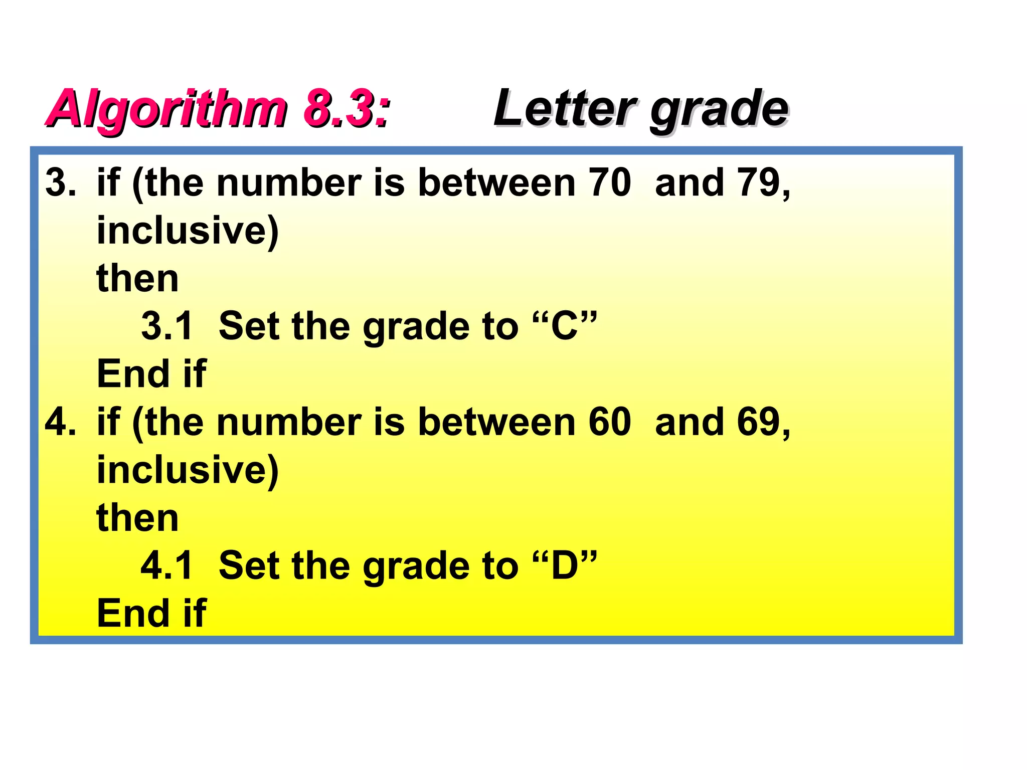 Algorithm 8.3:         Letter grade
3. if (the number is between 70 and 79,
   inclusive)
   then
       3.1 Set the grade to “C”
   End if
4. if (the number is between 60 and 69,
   inclusive)
   then
       4.1 Set the grade to “D”
   End if
 