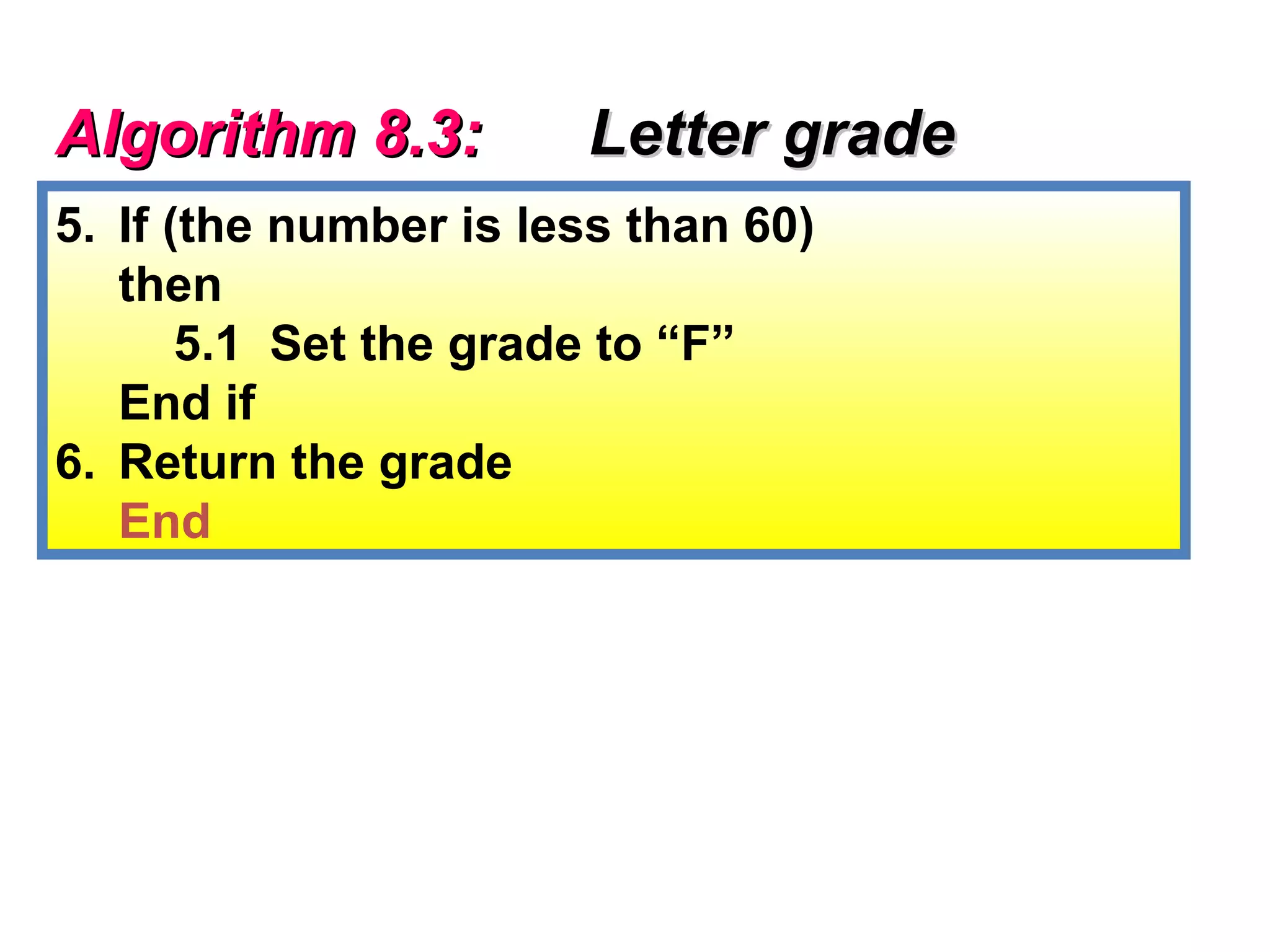 Algorithm 8.3:         Letter grade
5. If (the number is less than 60)
   then
       5.1 Set the grade to “F”
   End if
6. Return the grade
   End
 
