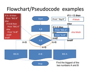 Flowchart/Pseudocode examples
if A <<B then
 if A B then                                          if A < B then
  Print “BIG B”
   Print “BIG B”            Start    Print “ Big B”          If block
else
 else
   If A>B then
    If A>B then                                       else
     Print “BIG A”
      Print “BIG A”                  If A>B then
   else
    else                    A,B         Print “BIG A”
     Print “A=B”
      Print “A=B”                    else               else block
   endif
    endif                               Print “A=B”
endif
 endif                               endif
                            A:B                      endif
                      A<B            A>B

                               A=B

          BIG B             A=B                 BIG A



                            Stop         Find the biggest of the
                                         two numbers A and B
 