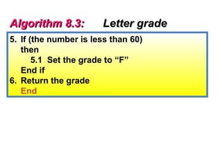 Algorithm 8.3:         Letter grade
5. If (the number is less than 60)
   then
       5.1 Set the grade to “F”
   End if
6. Return the grade
   End
 