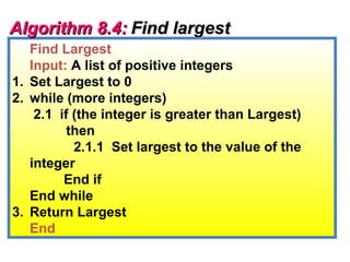 Algorithm 8.4: Find largest
   Find Largest
   Input: A list of positive integers
1. Set Largest to 0
2. while (more integers)
    2.1 if (the integer is greater than Largest)
          then
           2.1.1 Set largest to the value of the
   integer
         End if
   End while
3. Return Largest
   End
 