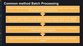 Common method Batch Processing
Once completed, the objects will be uploaded back to S3 using multi-part
upload
Each job ca...
