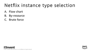© 2017, Amazon Web Services, Inc. or its Aﬃliates. All rights reserved.
Netﬂix instance type selection
A.  Flow chart
B.  By-resource
C.  Brute force
 