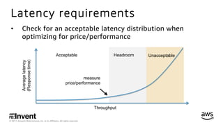 © 2017, Amazon Web Services, Inc. or its Aﬃliates. All rights reserved.
Latency requirements
•  Check for an acceptable latency distribution when
optimizing for price/performance
Headroom UnacceptableAcceptable
 