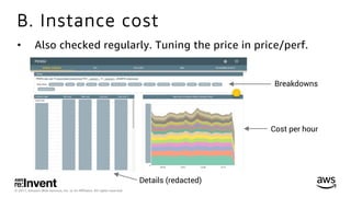© 2017, Amazon Web Services, Inc. or its Aﬃliates. All rights reserved.
B. Instance cost
•  Also checked regularly. Tuning the price in price/perf.
Cost per hour
Breakdowns
Details (redacted)
 