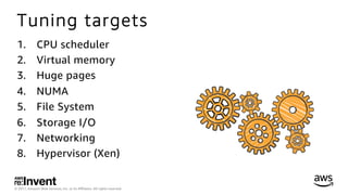 © 2017, Amazon Web Services, Inc. or its Aﬃliates. All rights reserved.
Tuning targets
1.  CPU scheduler
2.  Virtual memory
3.  Huge pages
4.  NUMA
5.  File System
6.  Storage I/O
7.  Networking
8.  Hypervisor (Xen)
 
