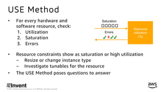 © 2017, Amazon Web Services, Inc. or its Aﬃliates. All rights reserved.
USE Method
•  For every hardware and
software resource, check:
1.  Utilization
2.  Saturation
3.  Errors
•  Resource constraints show as saturation or high utilization
-  Resize or change instance type
-  Investigate tunables for the resource
•  The USE Method poses questions to answer
Resource
utilization
(%)X
 