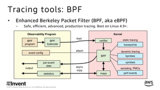 © 2017, Amazon Web Services, Inc. or its Aﬃliates. All rights reserved.
Tracing tools: BPF
•  Enhanced Berkeley Packet Filter (BPF, aka eBPF)
-  Safe, eﬃcient, advanced, production tracing. Best on Linux 4.9+.
BPF
bytecode
Observability Program Kernel
tracepoints
kprobes
uprobes
BPF
maps
per-event
data
statistics
verifier
output
static tracing
dynamic tracing
async
copy
perf events
sampling, PMCs
BPF
program
event config
attach
load
 
