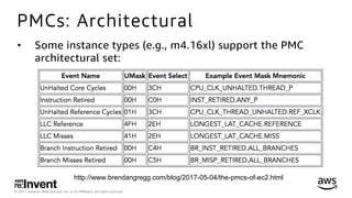 © 2017, Amazon Web Services, Inc. or its Aﬃliates. All rights reserved.
PMCs: Architectural
•  Some instance types (e.g., m4.16xl) support the PMC
architectural set:
http://www.brendangregg.com/blog/2017-05-04/the-pmcs-of-ec2.html
 
