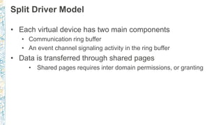 Split Driver Model
• Each virtual device has two main components
• Communication ring buffer
• An event channel signaling activity in the ring buffer
• Data is transferred through shared pages
• Shared pages requires inter domain permissions, or granting
 