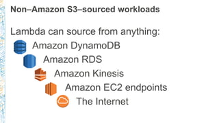 Non–Amazon S3–sourced workloads
Lambda can source from anything:
Amazon DynamoDB
Amazon RDS
Amazon Kinesis
Amazon EC2 endp...