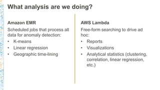 Amazon EMR
Scheduled jobs that process all
data for anomaly detection:
• K-means
• Linear regression
• Geographic time-lin...