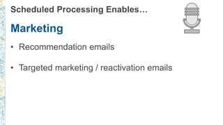 Scheduled Processing Enables…
Marketing
• Recommendation emails
• Targeted marketing / reactivation emails
 