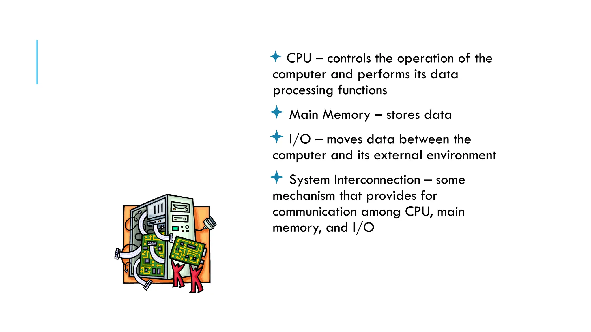  CPU – controls the operation of the
computer and performs its data
processing functions
 Main Memory – stores data
 I/O – moves data between the
computer and its external environment
 System Interconnection – some
mechanism that provides for
communication among CPU, main
memory, and I/O
There are four
main structural
components
of the computer:
 