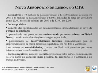NOVO AEROPORTO DE LISBOA NO CTA
     - Estimativas : 19 milhões de passageiros/ano e 134000 toneladas de carga em
     2017 e 43 milhões de passageiros/ano e 405000 toneladas de carga em 2050, bem
     como 29300 postos de trabalho em 2030 e de 50100 em 2050;
     - Pontos positivos:
     • aumento das oportunidades de desenvolvimento, nomeadamente ao nível da
     geração de emprego;
     • oportunidade para promover o crescimento do perímetro urbano no Pinhal
     Novo, considerando a localização estratégica supracitada;
     • possibilidades de desenvolvimento turístico, nomeadamente para os
     empreendimentos de maior dimensão e qualidade, em Rio Frio e Zambujal;
     • em termos de acessibilidades, o acesso ao NAL será garantido por novas
     infra-estruturas rodo-ferroviárias a criar;
     - Pontos negativos: aumento do ruído provocado pelos aviões, nomeadamente
     na área norte do concelho mais próxima do aeroporto, e o acréscimo do
     tráfego rodoviário.

C.M. de Palmela – GDE: Bruno P. Marques | Ana F. Coelho | Carla Piteira
ISCSP – Alto da Ajuda – Lisboa – 25, 26 e 27/11/09
 