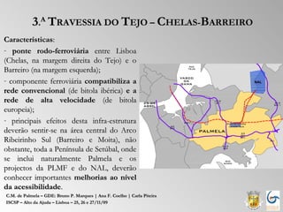 3.A TRAVESSIA DO TEJO – CHELAS-BARREIRO
Características:
- ponte rodo-ferroviária entre Lisboa
(Chelas, na margem direita do Tejo) e o
Barreiro (na margem esquerda);
- componente ferroviária compatibiliza a
rede convencional (de bitola ibérica) e a
rede de alta velocidade (de bitola
europeia);
- principais efeitos desta infra-estrutura
deverão sentir-se na área central do Arco
Ribeirinho Sul (Barreiro e Moita), não
obstante, toda a Península de Setúbal, onde
se inclui naturalmente Palmela e os
projectos da PLMF e do NAL, deverão
conhecer importantes melhorias ao nível
da acessibilidade.
C.M. de Palmela – GDE: Bruno P. Marques | Ana F. Coelho | Carla Piteira
ISCSP – Alto da Ajuda – Lisboa – 25, 26 e 27/11/09
 