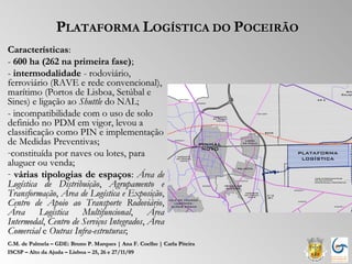 PLATAFORMA LOGÍSTICA DO POCEIRÃO
Características:
- 600 ha (262 na primeira fase);
- intermodalidade - rodoviário,
ferroviário (RAVE e rede convencional),
marítimo (Portos de Lisboa, Setúbal e
Sines) e ligação ao Shuttle do NAL;
- incompatibilidade com o uso de solo
definido no PDM em vigor, levou a
classificação como PIN e implementação
de Medidas Preventivas;
-constituída por naves ou lotes, para
aluguer ou venda;
- várias tipologias de espaços: Área de
Logística de Distribuição, Agrupamento e
Transformação, Área de Logística e Exposição,
Centro de Apoio ao Transporte Rodoviário,
Área Logística Multifuncional, Área
Intermodal, Centro de Serviços Integrados, Área
Comercial e Outras Infra-estruturas;
C.M. de Palmela – GDE: Bruno P. Marques | Ana F. Coelho | Carla Piteira
ISCSP – Alto da Ajuda – Lisboa – 25, 26 e 27/11/09
 