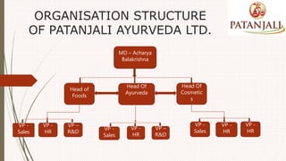 ORGANISATION STRUCTURE
OF PATANJALI AYURVEDA LTD.
Head of
Foods
Head Of
Ayurveda
Head Of
Cosmetic
s
VP -
Sales
VP -
Sales
VP -
HR
VP -
HRVP -
Sales
MD – Acharya
Balakrishna
VP -
HR
VP –
R&D
VP -
HR
VP –
R&D
 