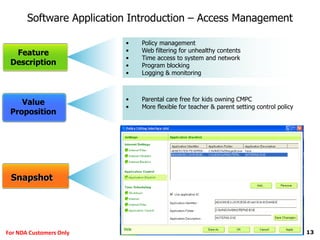 13For NDA Customers Only
Feature
Description
Value
Proposition
• Policy management
• Web filtering for unhealthy contents
• Time access to system and network
• Program blocking
• Logging & monitoring
Snapshot
• Parental care free for kids owning CMPC
• More flexible for teacher & parent setting control policy
Software Application Introduction – Access Management
 
