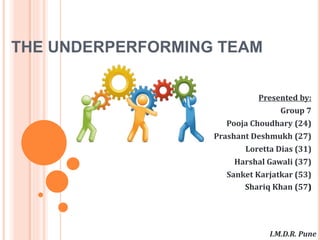 THE UNDERPERFORMING TEAM
Presented by:
Group 7
Pooja Choudhary (24)
Prashant Deshmukh (27)
Loretta Dias (31)
Harshal Gawali (37)
Sanket Karjatkar (53)
Shariq Khan (57)
I.M.D.R. Pune
 