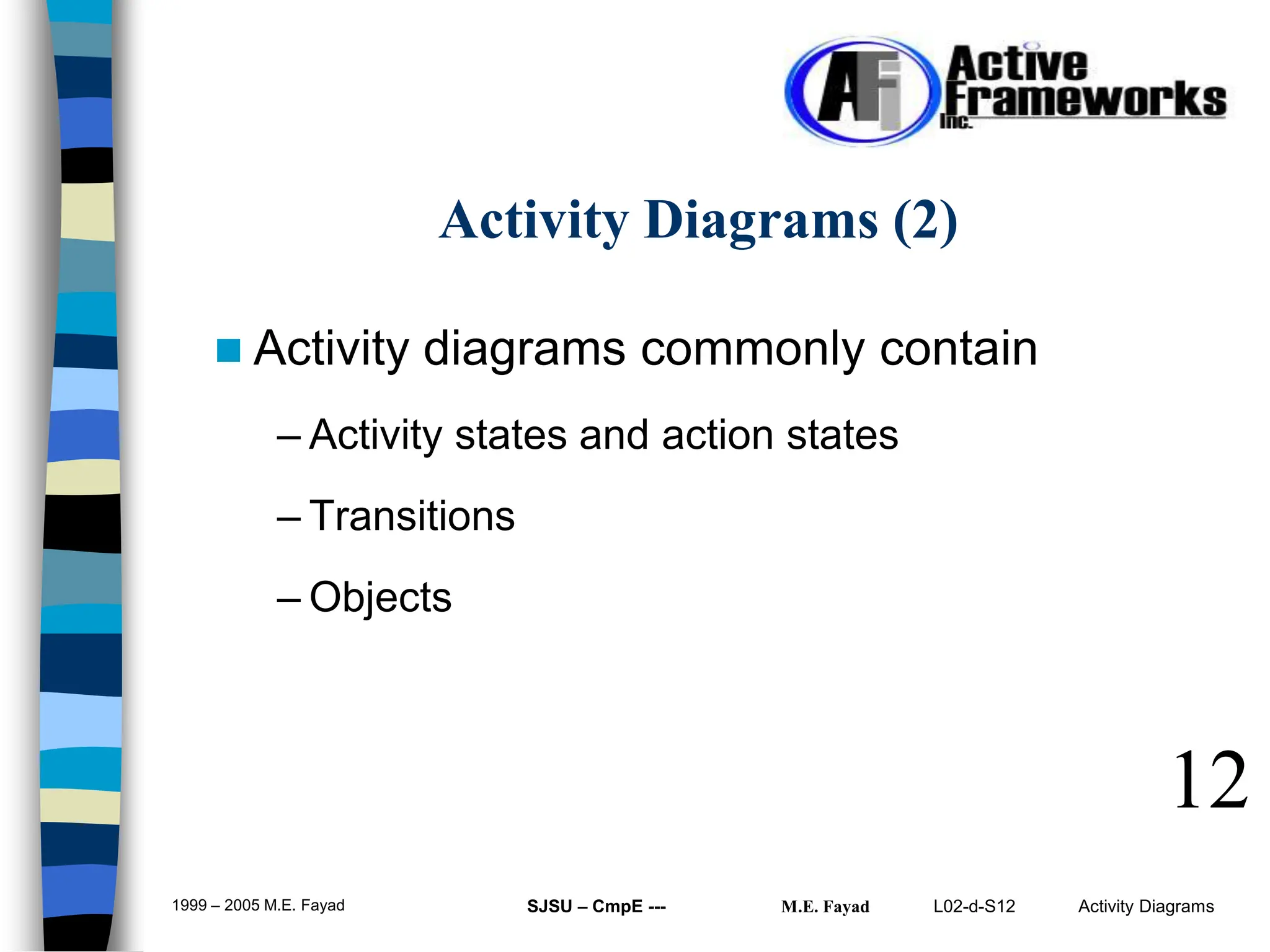L02-d-S12 Activity Diagrams
1999 – 2005 M.E. Fayad SJSU – CmpE --- M.E. Fayad
 Activity diagrams commonly contain
– Activity states and action states
– Transitions
– Objects
12
Activity Diagrams (2)
 