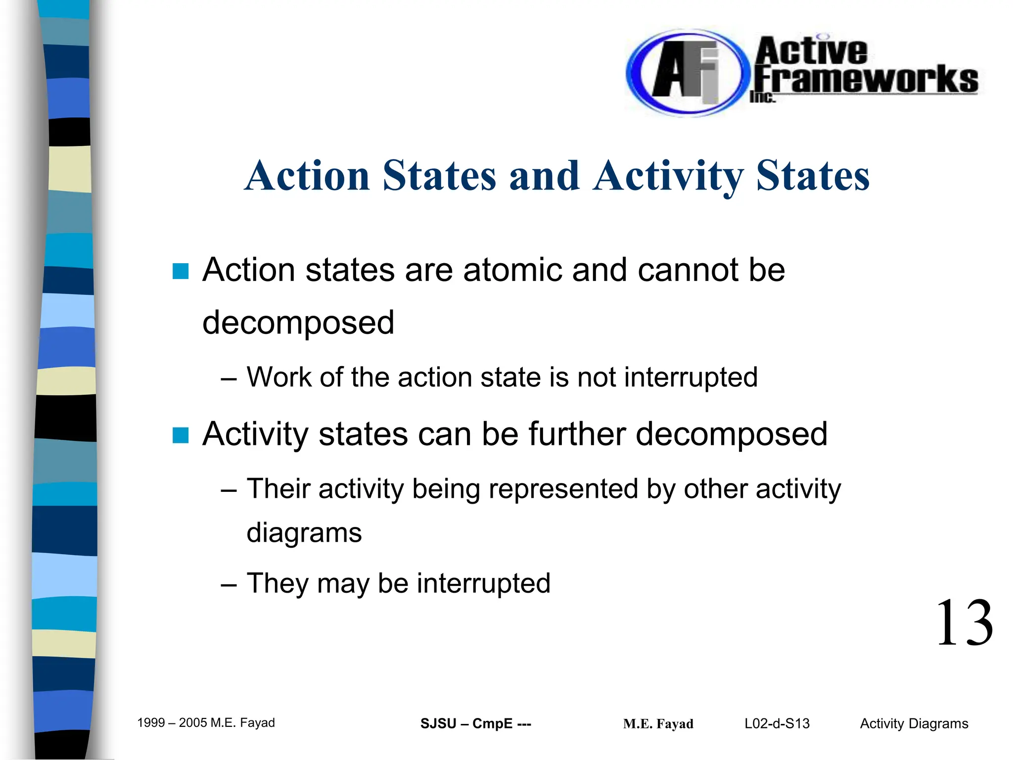 L02-d-S13 Activity Diagrams
1999 – 2005 M.E. Fayad SJSU – CmpE --- M.E. Fayad
 Action states are atomic and cannot be
decomposed
– Work of the action state is not interrupted
 Activity states can be further decomposed
– Their activity being represented by other activity
diagrams
– They may be interrupted
13
Action States and Activity States
 
