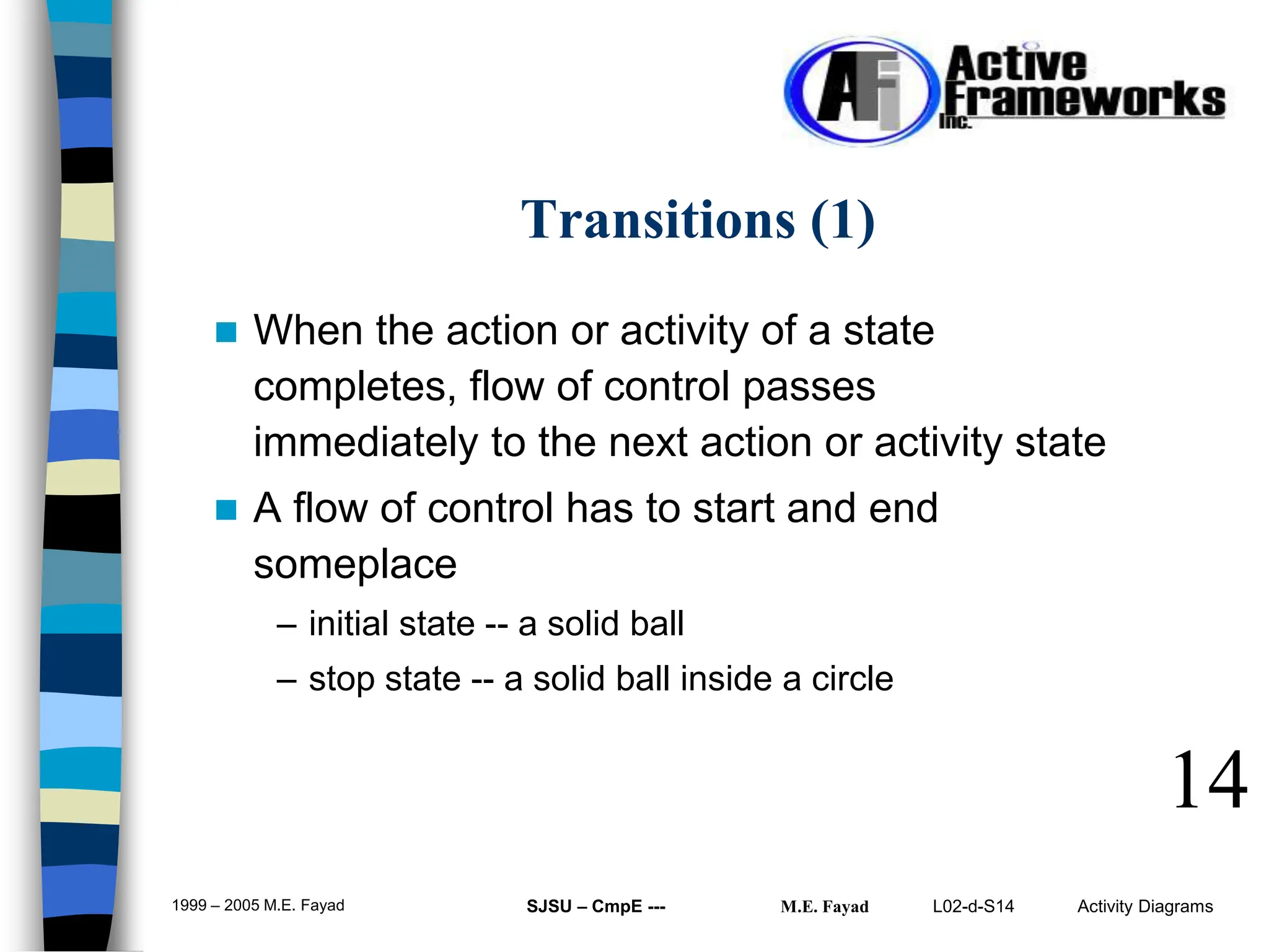L02-d-S14 Activity Diagrams
1999 – 2005 M.E. Fayad SJSU – CmpE --- M.E. Fayad
 When the action or activity of a state
completes, flow of control passes
immediately to the next action or activity state
 A flow of control has to start and end
someplace
– initial state -- a solid ball
– stop state -- a solid ball inside a circle
14
Transitions (1)
 