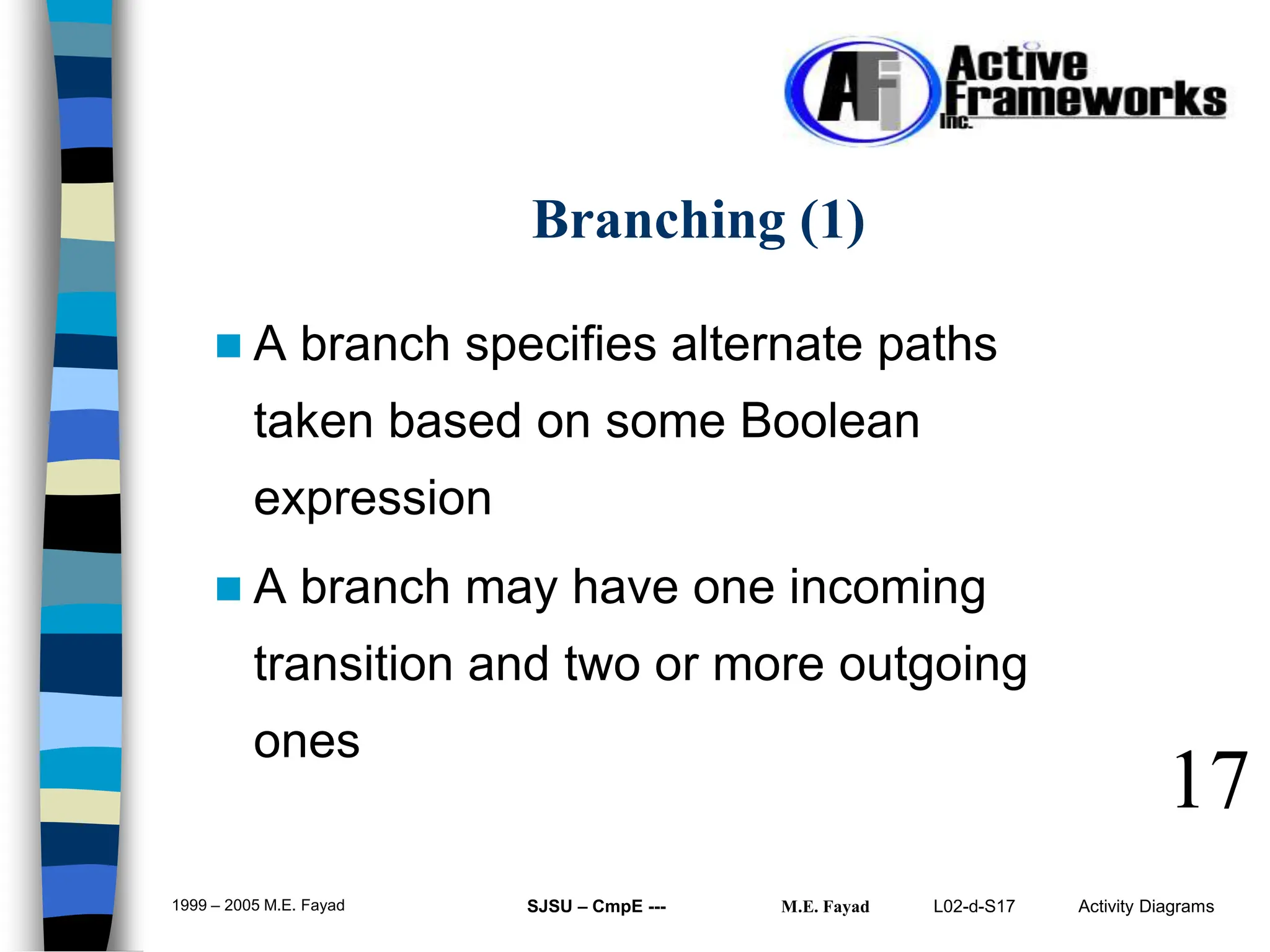 L02-d-S17 Activity Diagrams
1999 – 2005 M.E. Fayad SJSU – CmpE --- M.E. Fayad
 A branch specifies alternate paths
taken based on some Boolean
expression
 A branch may have one incoming
transition and two or more outgoing
ones
17
Branching (1)
 