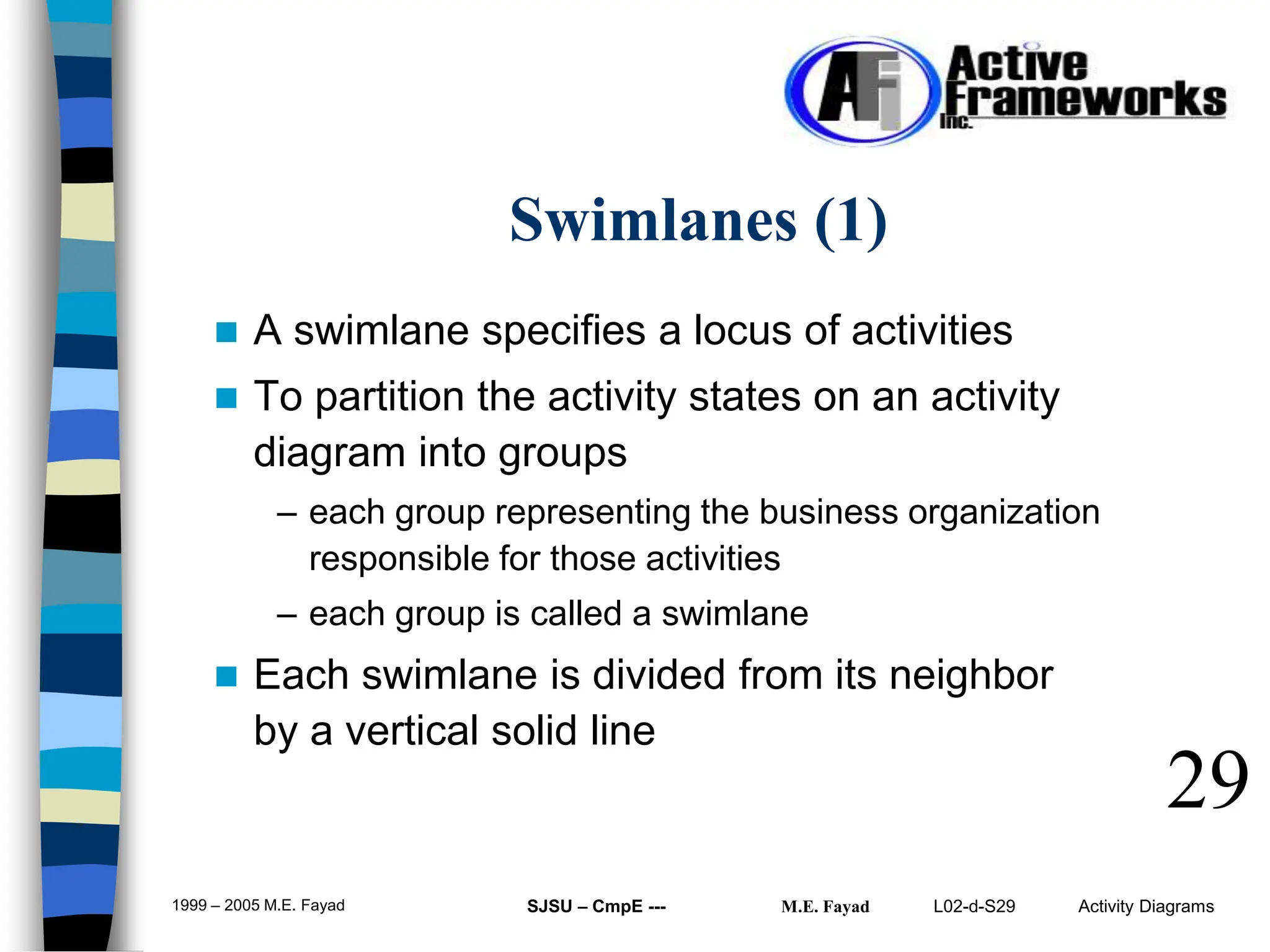 L02-d-S29 Activity Diagrams
1999 – 2005 M.E. Fayad SJSU – CmpE --- M.E. Fayad
 A swimlane specifies a locus of activities
 To partition the activity states on an activity
diagram into groups
– each group representing the business organization
responsible for those activities
– each group is called a swimlane
 Each swimlane is divided from its neighbor
by a vertical solid line
29
Swimlanes (1)
 