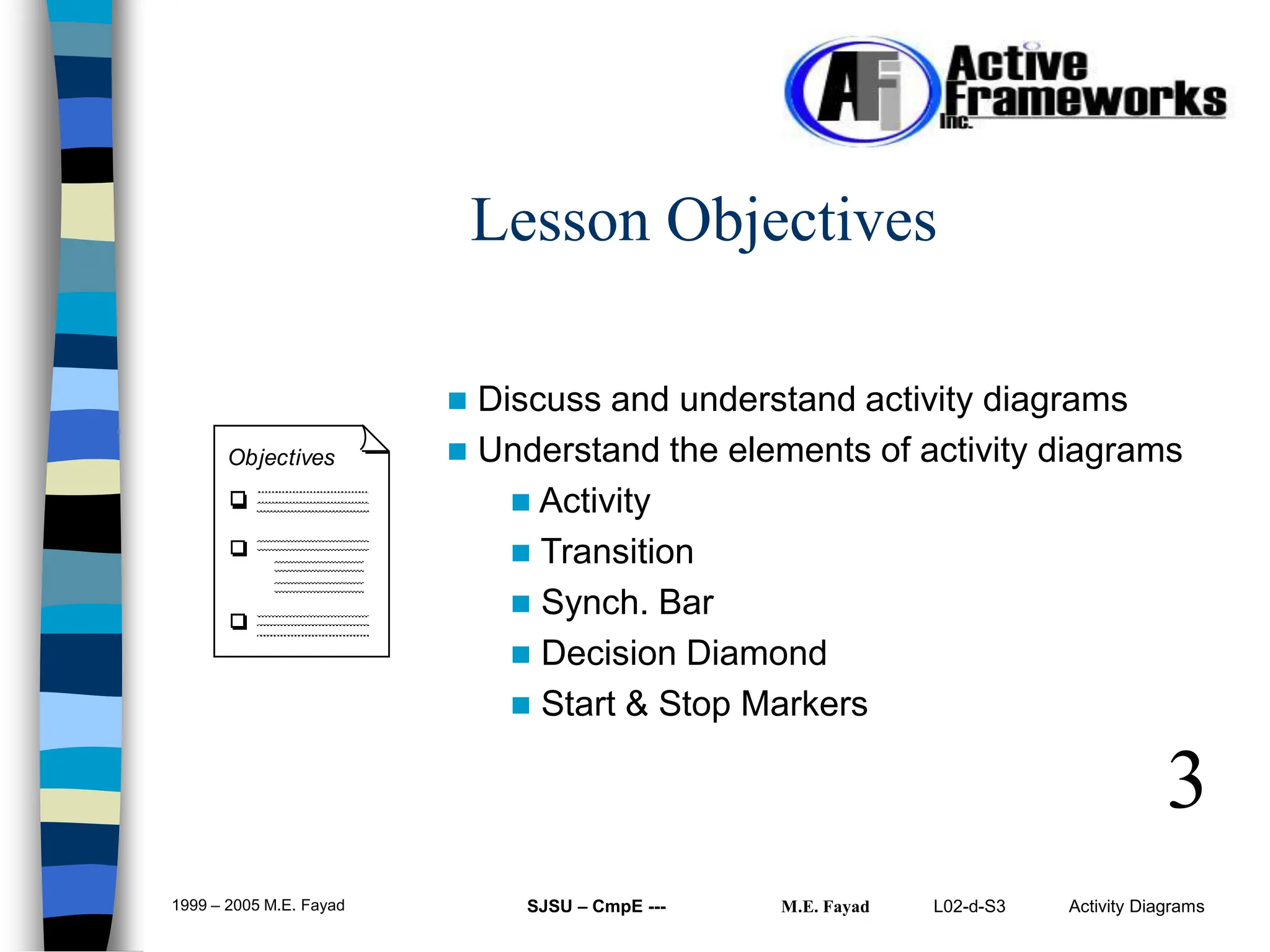 L02-d-S3 Activity Diagrams
1999 – 2005 M.E. Fayad SJSU – CmpE --- M.E. Fayad
Lesson Objectives
Objectives
3
 Discuss and understand activity diagrams
 Understand the elements of activity diagrams
 Activity
 Transition
 Synch. Bar
 Decision Diamond
 Start & Stop Markers
 