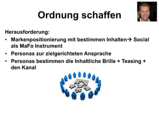 Ordnung schaffen
Herausforderung:
• Markenpositionierung mit bestimmen Inhalten Social
als MaFo Instrument
• Personas zur zielgerichteten Ansprache
• Personas bestimmen die Inhaltliche Brille + Teasing +
den Kanal
 