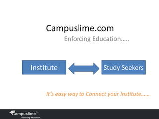 Campuslime.com
Enforcing Education…..

Institute

Study Seekers

It’s easy way to Connect your Institute……

 