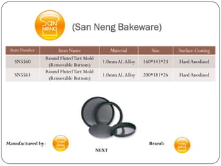 (San Neng Bakeware)

 Item Number        Item Name                  Material        Size      Surface Coating
               Round Fluted Tart Mold
   SN5560                                 1.0mm Al. Alloy   160*143*23   Hard Anodized
                (Removable Bottom)
               Round Fluted Tart Mold
   SN5561                                 1.0mm Al. Alloy   200*181*26   Hard Anodized
                (Removable Bottom)




Manufactured by:                                              Brand:
                                        NEXT
 