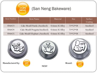 (San Neng Bakeware)

  Item Number              Item Name                Material           Size     Surface
                                                                                Coating
    SN6423         Cake Mould Panda (Anodized)   0.6mm Al.Alloy      71*52*38   Anodized
    SN6424         Cake Mould Penguin(Anodized) 0.6mm Al.Alloy       71*52*38   Anodized
    SN6425      Cake Mould Elephant (Anodized) 0.6mm Al.Alloy        71*52*38   Anodized




Manufactured by:                                                  Brand:
                                        NEXT
 