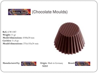 (Chocolate Moulds)



Ref.: CW1387
Weight: 11 gr
Model dimensions: Ø30x20 mm
Cavities: 3 x 8 pc
Mould dimensions: 275x135x24 mm




Manufactured by:                  Origin: Made in Germany   Brand:
                                   NEXT
 