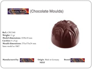 (Chocolate Moulds)




Ref.: CW2340
Weight: 11 gr
Model dimensions: Ø28x18 mm
Cavities: 4 x 8 pc
Mould dimensions: 275x175x24 mm
Same model as 1067




Manufactured by:                  Origin: Made in Germany   Brand:
                                   NEXT
 