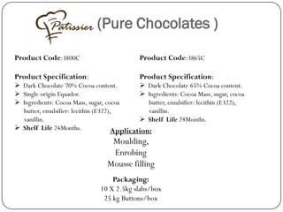 (Pure Chocolates )

Product Code:3800C                           Product Code:3865C

Product Specification:                       Product Specification:
 Dark Chocolate 70% Cocoa content.           Dark Chocolate 65% Cocoa content.
 Single origin Equador.                      Ingredients: Cocoa Mass, sugar, cocoa
 Ingredients: Cocoa Mass, sugar, cocoa         butter, emulsifier: lecithin (E322),
  butter, emulsifier: lecithin (E322),          vanillin.
  vanillin.                                   Shelf Life 24Months.
 Shelf Life 24Months.               Application:
                                  Moulding,
                                  Enrobing
                                 Mousse filling
                                   Packaging:
                               10 X 2.5kg slabs/box
                                25 kg Buttons/box
 
