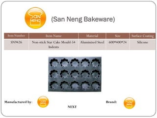 (San Neng Bakeware)

 Item Number           Item Name                  Material            Size     Surface Coating
   SN9426      Non-stick Star Cake Mould-54   Aluminized Steel    600*400*24      Silicone
                          Indents




Manufactured by:                                                 Brand:
                                      NEXT
 