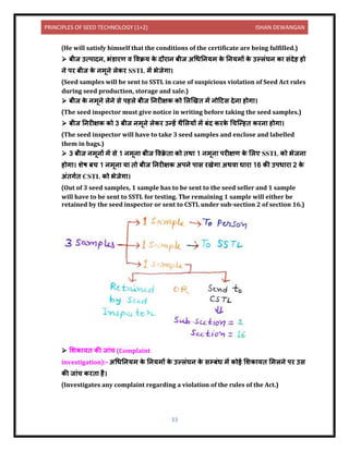 PRINCIPLES OF SEED TECHNOLOGY (1+2) ISHAN DEWANGAN
33
(He will satisfy himself that the conditions of the certificate are being fulfilled.)
➢ बीज उत्प िि, भंर् रण ि विक्रय क
े िौर ि बीज अधधनियम क
े नियमों क
े उल्लंघि क संिेह हो
िे पर बीज क
े िमूिे लेकर SSTL में भेजेग ।
(Seed samples will be sent to SSTL in case of suspicious violation of Seed Act rules
during seed production, storage and sale.)
➢ बीज क
े िमूिे लेिे से पहले बीज निरीक्षक को ललखखि में िोदटस िेि होग ।
(The seed inspector must give notice in writing before taking the seed samples.)
➢ बीज निरीक्षक को 3 बीज िमूिे लेकर उन्हें थैललयों में बंि करक
े धचक्न्हि करि होग ।
(The seed inspector will have to take 3 seed samples and enclose and labelled
them in bags.)
➢ 3 बीज िमूिों में से 1 िमूि बीज विक्र
े ि को िथ 1 िमूि परीक्षण क
े ललए SSTL को भेजि
होग । शेष बच 1 िमूि य िो बीज निरीक्षक अपिे प स रखेग अथि ध र 16 की उपध र 2 क
े
अंिगयि CSTL को भेजेग ।
(Out of 3 seed samples, 1 sample has to be sent to the seed seller and 1 sample
will have to be sent to SSTL for testing. The remaining 1 sample will either be
retained by the seed inspector or sent to CSTL under sub-section 2 of section 16.)
➢ लशक यि की ज ंच (Complaint
investigation):- अधधनियम क
े नियमों क
े उल्लंघि क
े सम्बंध में कोई लशक यि लमलिे पर उस
की ज ंच करि है।
(Investigates any complaint regarding a violation of the rules of the Act.)
 