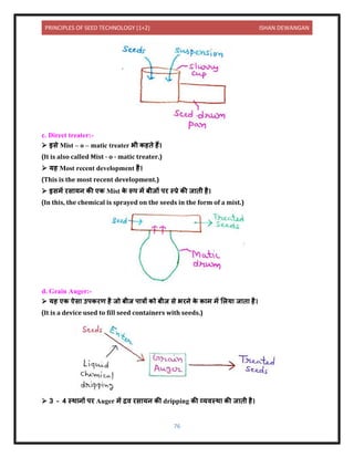 PRINCIPLES OF SEED TECHNOLOGY (1+2) ISHAN DEWANGAN
76
c. Direct treater:-
➢ इसे Mist – o – matic treater भी कहिे हैं।
(It is also called Mist - o - matic treater.)
➢ यह Most recent development है।
(This is the most recent development.)
➢ इसमें रस यि की एक Mist क
े रूप में बीजों पर स्प्रे की ज िी है।
(In this, the chemical is sprayed on the seeds in the form of a mist.)
d. Grain Auger:-
➢ यह एक ऐस उपकरण है जो बीज प त्रों को बीज से भरिे क
े क म में ललय ज ि है।
(It is a device used to fill seed containers with seeds.)
➢ 3 – 4 स्थ िों पर Auger में द्रि रस यि की dripping की व्यिस्थ की ज िी है।
 
