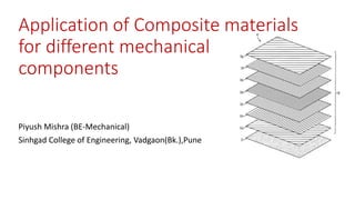 Application of Composite materials
for different mechanical
components
Piyush Mishra (BE-Mechanical)
Sinhgad College of Engineering, Vadgaon(Bk.),Pune
 