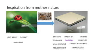 Inspiration from mother nature
LIGHT-WEIGHT FLEXIBILTY
ROBUSTNESS
STRENGTH STIFFNESS
TOUGHNESS
CORROSION RESISTANCE
FATIGUE LIFE
WEAR RESISTANCE
FATIGUE LIFETAILORABLE
REDUCED WEIGHT ATTRACTIVENESS
 