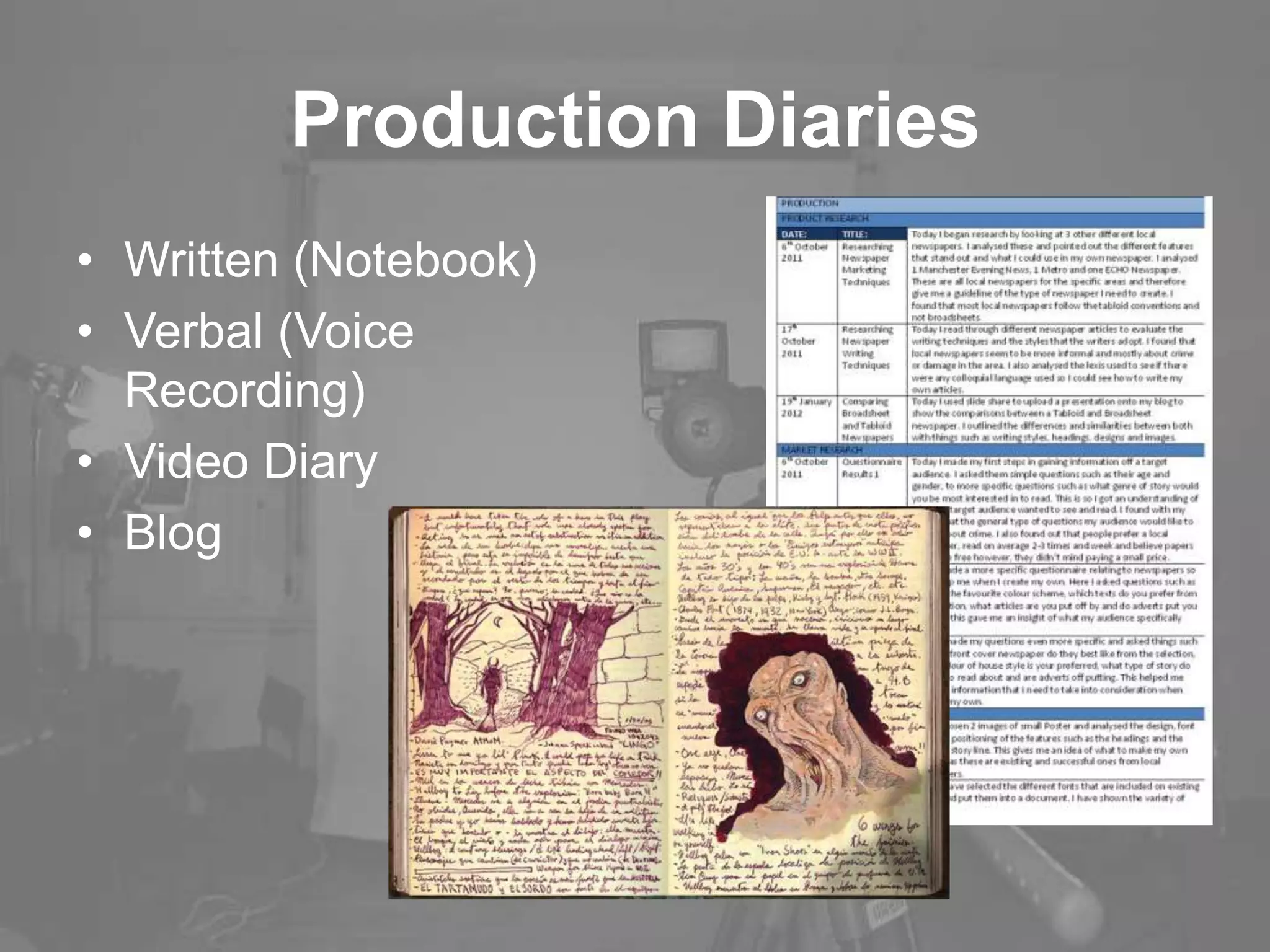 Production Diaries
• Written (Notebook)
• Verbal (Voice
Recording)
• Video Diary
• Blog
 