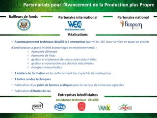 Partenariats pour l’Avancement de la Production plus Propre
Bailleurs de fonds

Partenaire international

Partenaire national

Réalisations
• Accompagnement technique détaillé à 5 entreprises (parmi les 18) pour la mise en place de projets
d’amélioration à grand intérêt économique et environnemental :
o économie d’énergie
o économie de l’eau
o gestion et traitement des eaux usées industrielles
o gestion et valorisation des déchets industrielles
o énergies renouvelables
• 3 ateliers de formation et de renforcement des capacités des entreprises
• 3 tables rondes techniques
• Publication d’un guide de bonnes pratiques pour le secteur de conserves agricoles
• Publication d’études de cas

Entreprises bénéficiaires
Assistance technique détaillé

 