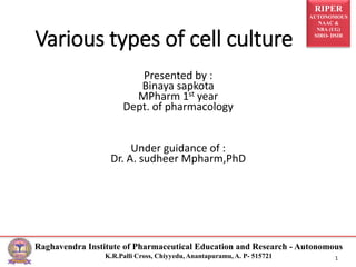 RIPER
AUTONOMOUS
NAAC &
NBA (UG)
SIRO- DSIR
Raghavendra Institute of Pharmaceutical Education and Research - Autonomous
K.R.Palli Cross, Chiyyedu, Anantapuramu, A. P- 515721 1
Presented by :
Binaya sapkota
MPharm 1st year
Dept. of pharmacology
Under guidance of :
Dr. A. sudheer Mpharm,PhD
Various types of cell culture
 