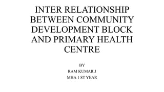 INTER RELATIONSHIP
BETWEEN COMMUNITY
DEVELOPMENT BLOCK
AND PRIMARY HEALTH
CENTRE
BY
RAM KUMAR.J
MHA 1 ST YEAR
 