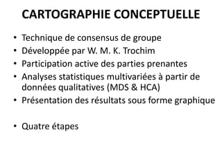 CARTOGRAPHIE CONCEPTUELLE
• Technique de consensus de groupe
• Développée par W. M. K. Trochim
• Participation active des parties prenantes
• Analyses statistiques multivariées à partir de
données qualitatives (MDS & HCA)
• Présentation des résultats sous forme graphique
• Quatre étapes
 