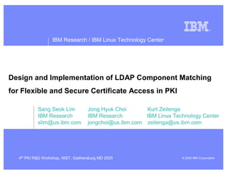 IBM Research / IBM Linux Technology Center
4th PKI R&D Workshop, NIST, Gaithersburg MD 2005 © 2005 IBM Corporation
Design and Implementation of LDAP Component Matching
for Flexible and Secure Certificate Access in PKI
Sang Seok Lim Jong Hyuk Choi Kurt Zeilenga
IBM Research IBM Research IBM Linux Technology Center
slim@us.ibm.com jongchoi@us.ibm.com zeilenga@us.ibm.com
 