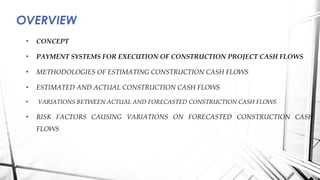  CONCEPT
 PAYMENT SYSTEMS FOR EXECUTION OF CONSTRUCTION PROJECT CASH FLOWS
 METHODOLOGIES OF ESTIMATING CONSTRUCTION CASH FLOWS
 ESTIMATED AND ACTUAL CONSTRUCTION CASH FLOWS
 VARIATIONS BETWEEN ACTUAL AND FORECASTED CONSTRUCTION CASH FLOWS
 RISK FACTORS CAUSING VARIATIONS ON FORECASTED CONSTRUCTION CASH
FLOWS
OVERVIEW
 
