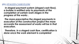 In staged payment system (staged cash flow),
a builder is entitled only to payments at the
completion of certain work stages in the
progress of the works .
The more prescriptive the staged payments in
execution of the construction project the more
accurate the assessment of works will be in that
execution.
Therefore, in a staged cash flow, certification is
done once the work element is completed
(01) STAGED CASH FLOW
 